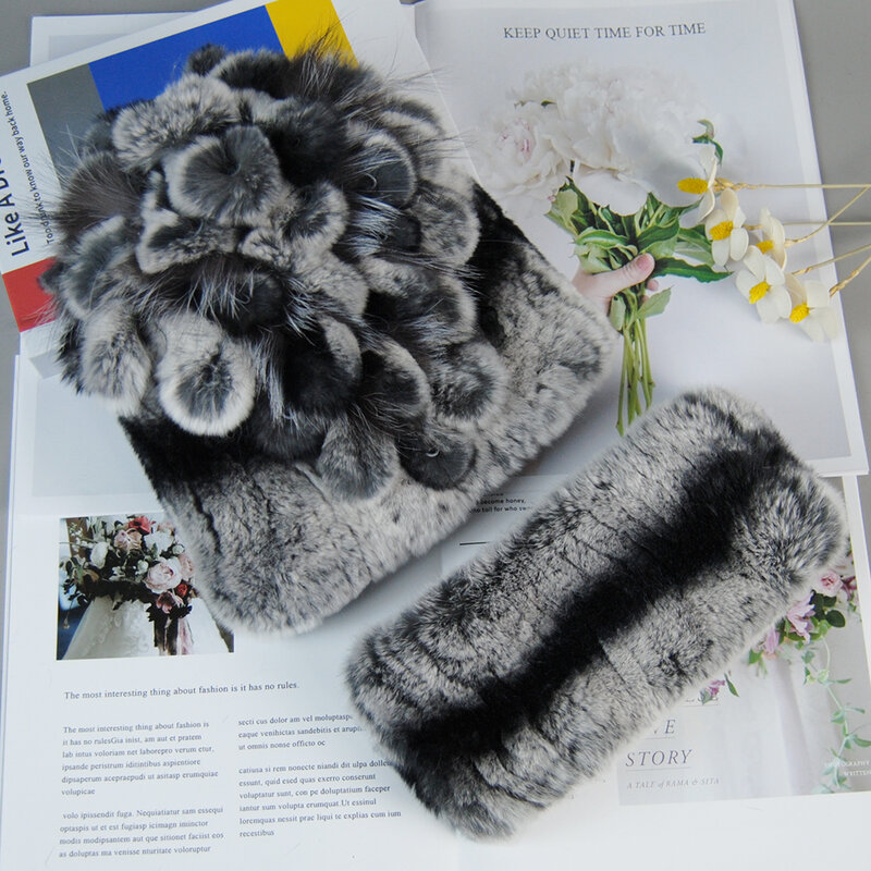 Hot Sale Women Warm Rex Rabbit Fur Hat Scarf Sets Winter Lady Knit Fur Hats Muffler 2 Pieces Natural Rex Rabbit Fur Cap Scarves