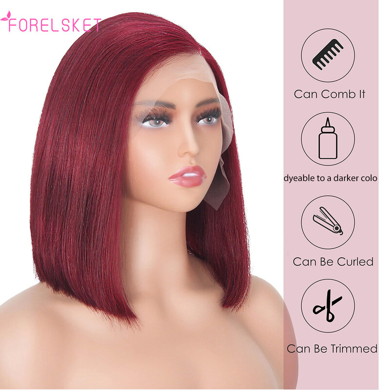 Peluca de cabello humano liso para mujer, frontal de encaje postizo, color rojo borgoña 99J, HD, transparente, Bob corto, peruano 99J, 13x5x1