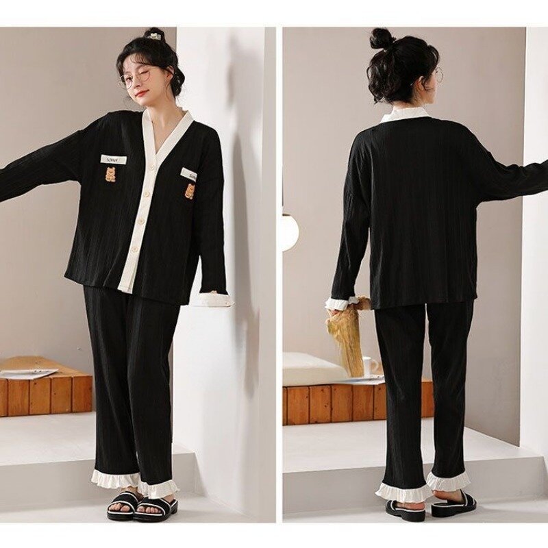 2024 New Loose Pajamas Women's Spring Autumn Fashionable Minimalist Sleepwear Cardigan Long Sleeved Pants V-neck Homewear Set
