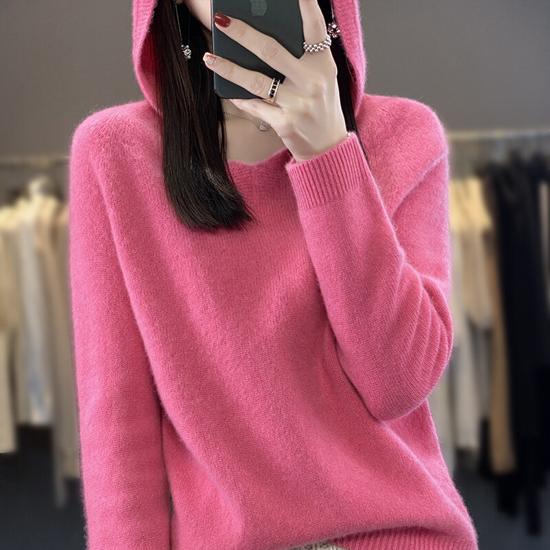 Женский трикотажный пуловер с капюшоном, бесшовный Свободный пуловер с V-образным вырезом, модная верхняя одежда в Корейском стиле, Осень-зима