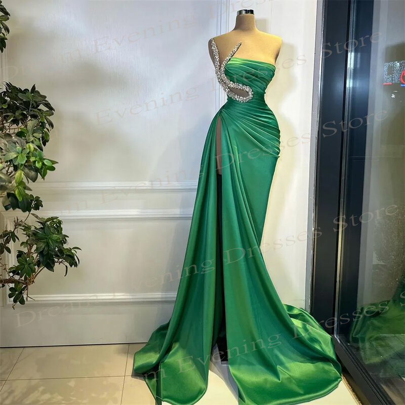 Luxury Green Mermaid Sexy Evening Dresses Sleeveless Strapless Side High Split Pleated Prom Gowns Formal Party Vestido De Fiesta
