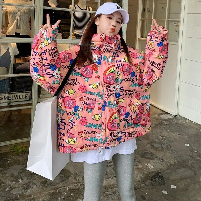 New Winter Girlish Stand Collar Ultra Light Down Jackets Graffiti Printing Warm Loose Chic High Street Thick Cozy Overcoats