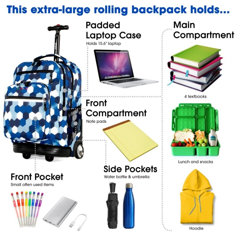 20" Rolling Backpack with Laptop Sleeve for School and Travel, Block Navy