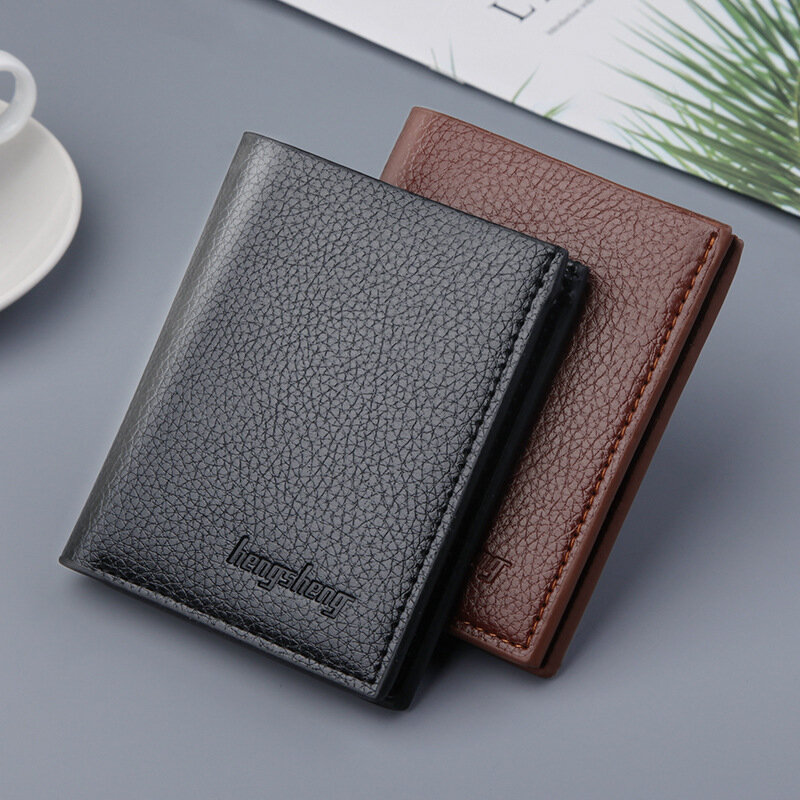 Men's Short Wallet with Lychee Pattern Multifunctional Thin Money Clip Billfold, Korean Version Trendy Cash Clip 10.8*8.6*0.6cm