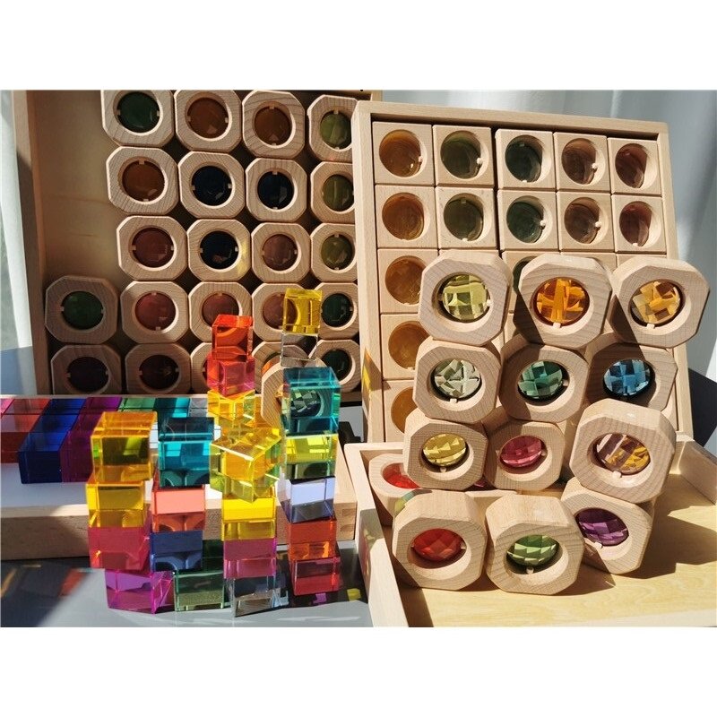 Zabawki Montessori Rainbow Lucite układanie kostki akrylowe przezroczyste okno bitcoiny bloki kolor klejnoty dla dzieci kreatywne gry