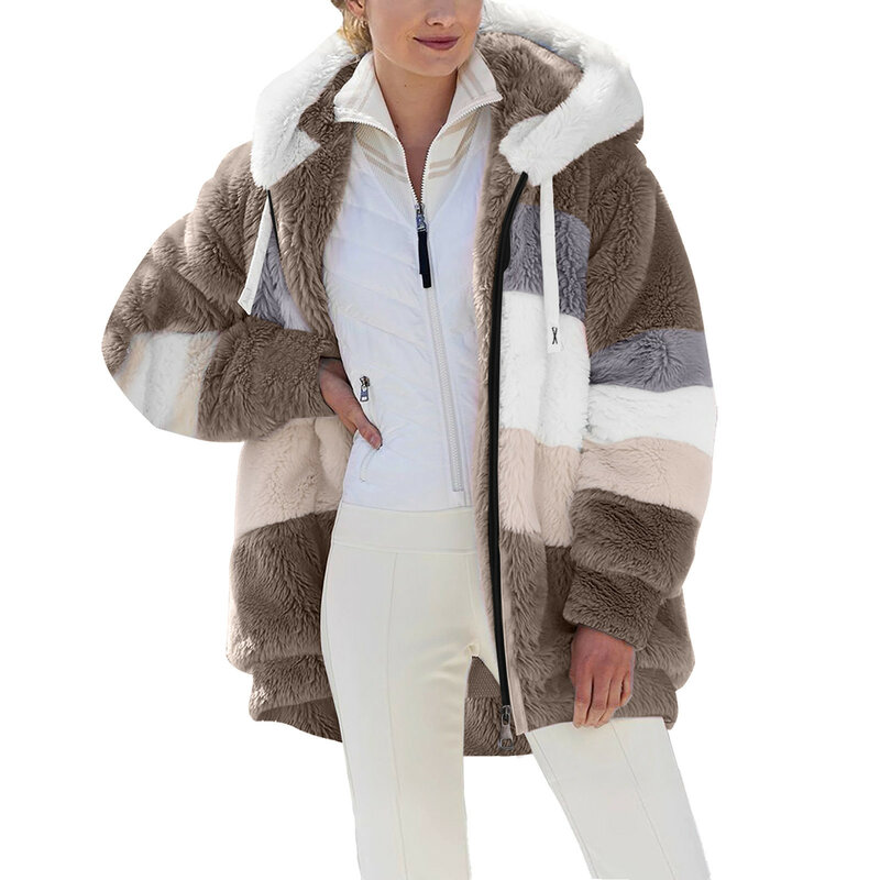 Jaqueta de manga comprida do falso cortado feminino, Outwear pelúcia, macio, bloco de cores, fora, plus size, casual, outono, moda inverno