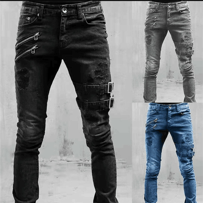 Autumn New Mens Techwear Fashion Harajuku Skinny Jeans Y2K Streetwear Punk Black Denim Trousers Casual Stretch Cargo Jean Pants