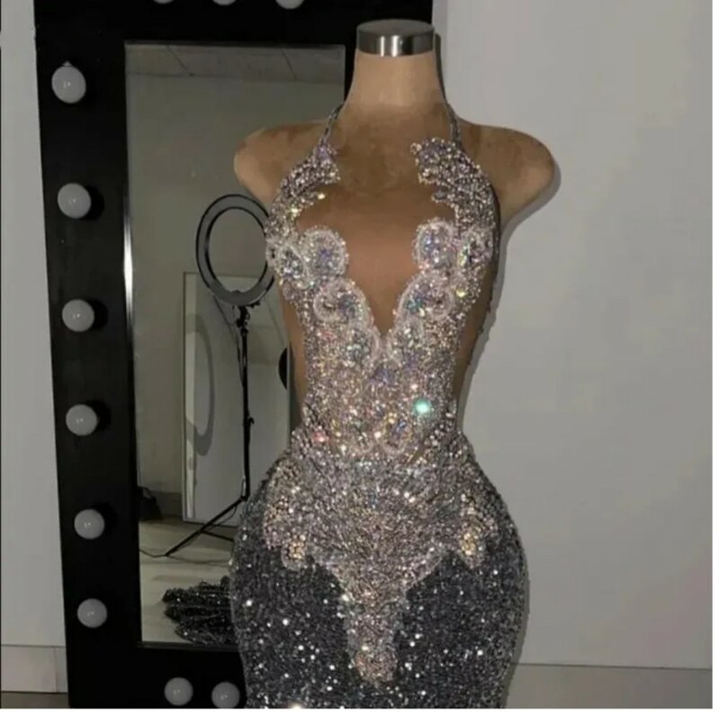 Vestido De fiesta De sirena para niñas negras, traje Sexy con cuentas De diamantes De imitación, tul transparente, cristales brillantes, lentejuelas, 2024