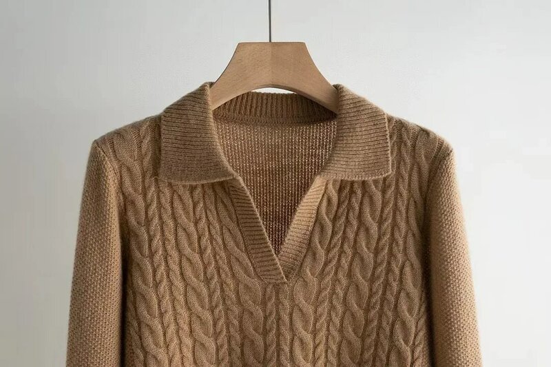 Camisola de caxemira torcida com decote em v feminina, manga comprida, jumper tricotado, simples, outono