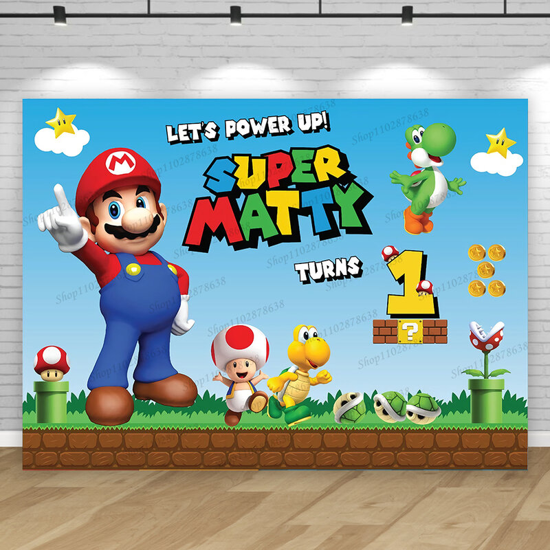 Customized Name Age Backdrop Super Marios Bros Theme  Kids Boy Kids Birthday Party Background Baby Shower  Banner Props Decor