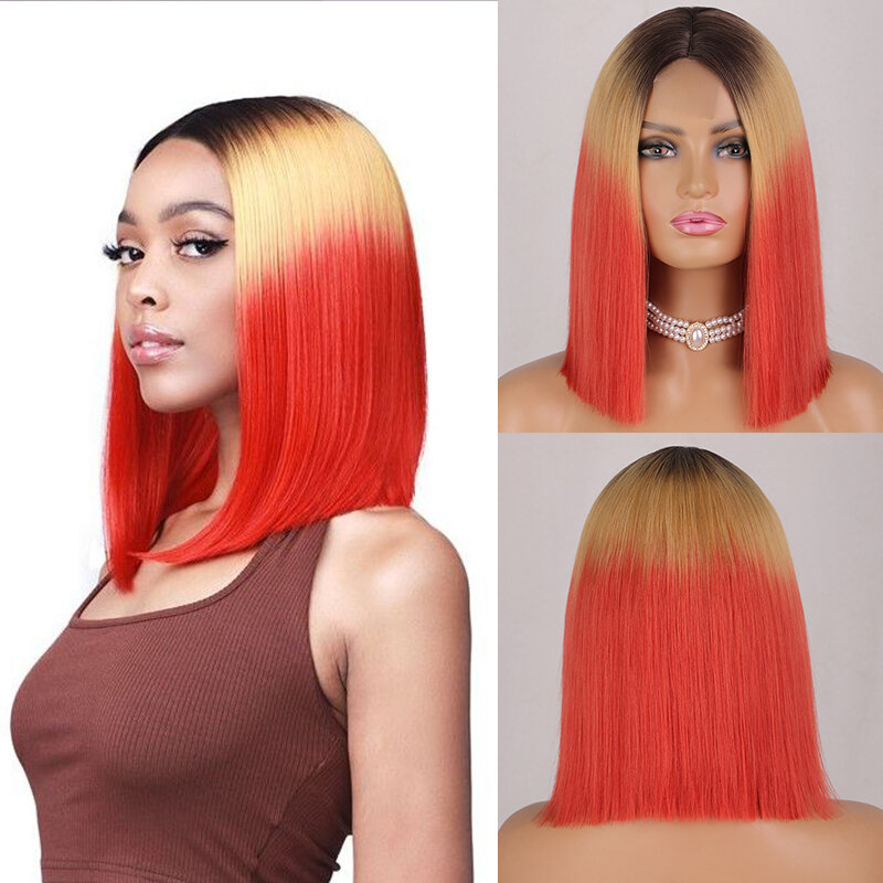 Wig Bob merah Ombre untuk wanita Wig panjang bahu rambut palsu tahan panas sintetis pesta Cosplay bagian tengah lurus pendek