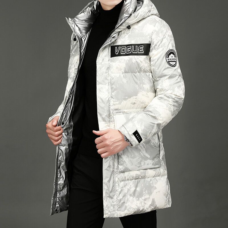 Korean Printed Hooded Men's Medium Length Warm Down Jacket Mens Winter Thickened Windproof Down Jacket Men's Padded Jacket Coats