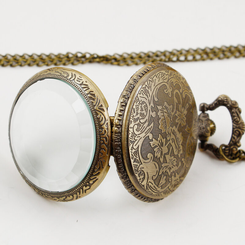 Acryl Spiegel Schedel Quartz Zakhorloge Steampunk Vintage Mannen Bronzen Ketting Horloges Cadeau Klok Reloj De Bolsillo