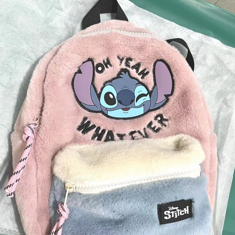 Disney new backpack kindergarten schoolbag children's bag for boys and  girls Stitch plush color-block backpack
