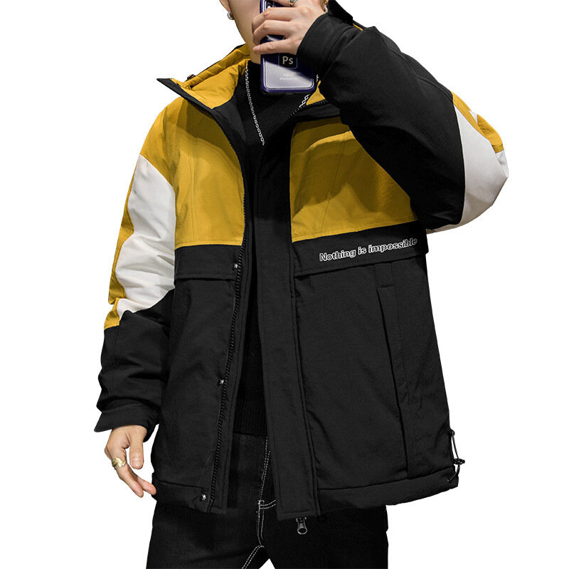 Down Jacket Men's Hooded Patchwork Block Color Cargo Wear Trendy Korean Version Loose Trend Student Short Versatile Winter Coat