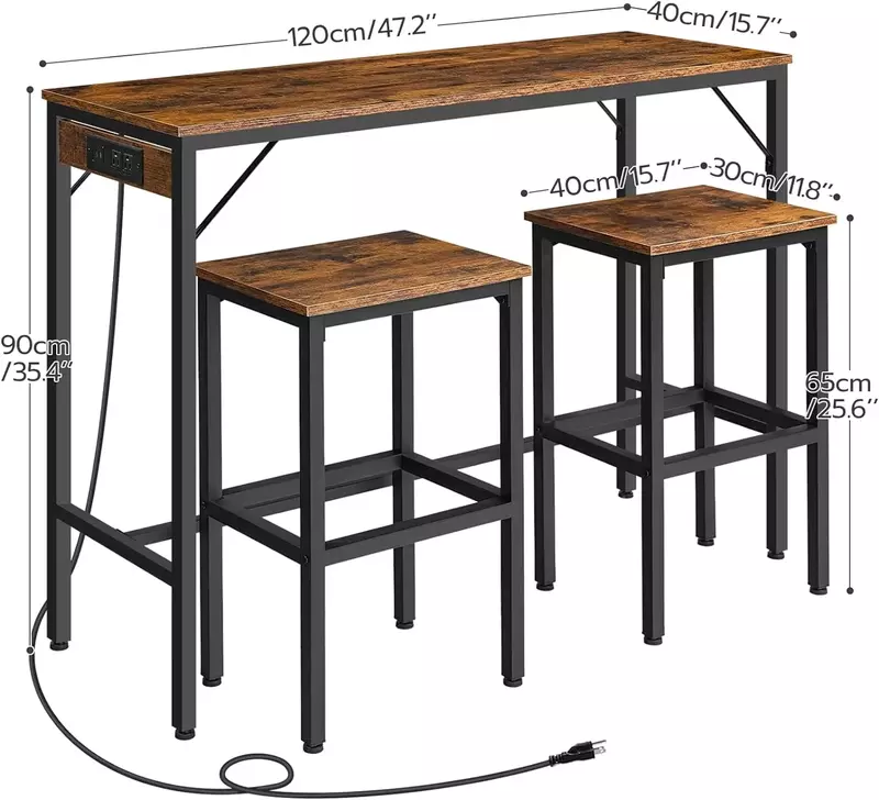 바 테이블 및 의자 세트, 작은 공간용 3 피스 펍 테이블 세트, 주방 바 높이 테이블, 2 개 의자, 조립하기 쉽고 소박한