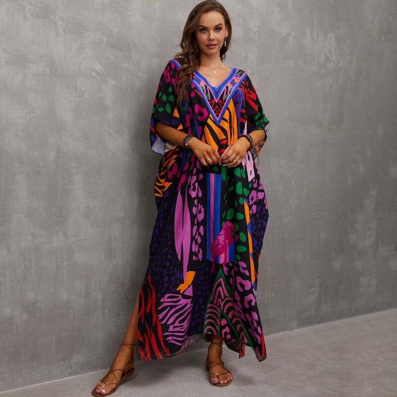 Plus Size Bathing Suit Cover Up Colorful Caftan Dress for Women Long Bikini Swimwear Beach Outfits Vestidos