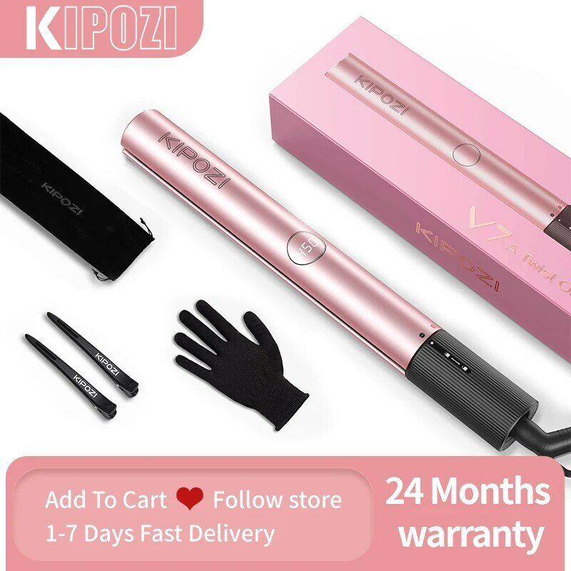 KIPOZI-alisador de cabello V7 Pro, rizador 2 en 1 de doble voltaje, alisadores de titanio para salón, apagado automático, hierro plano, oro rosa
