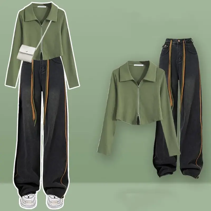 Новинка Весна 2024, универсальный комплект свободного кроя, Модный повседневный топ + стильные джинсы, комплект из двух предметов