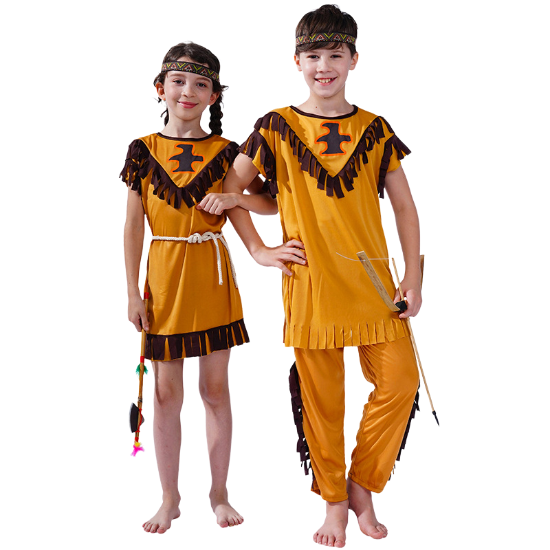 할로윈 어린이 아메리카 원주민 코스프레 코스튬 휴일 파티 재미있는 원피스 세트, 다크 브라운 패션 무대 공연 의류
