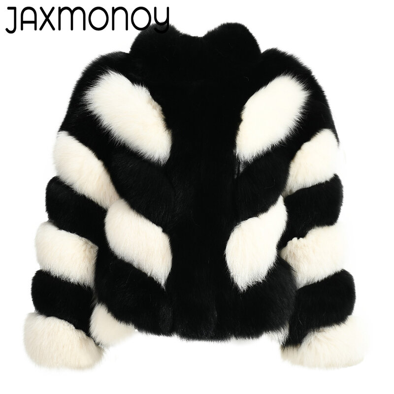 Jaxmonoy 여성용 진짜 여우 모피 코트, 여성용 스트라이프 천연 모피 재킷, 가을 겨울 전체 소매 외투, 신상 패션