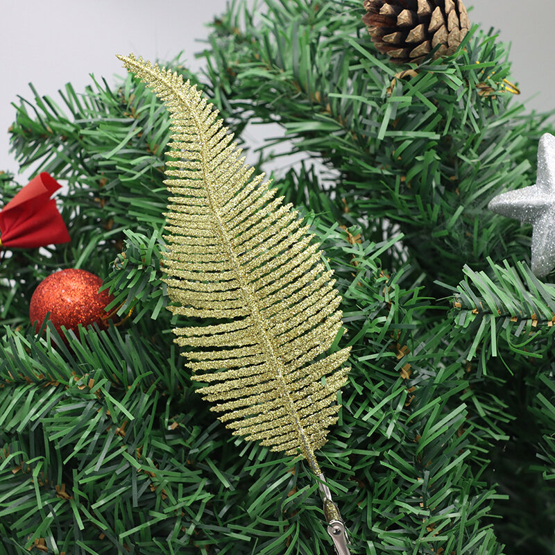 Klip daun buatan bulu berkilau, ornamen pohon Natal, dekorasi pesta rumah Navidad, bunga pernikahan Tahun Baru