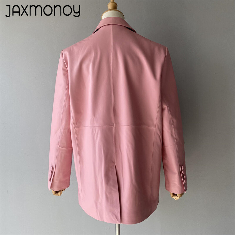 Jaxmonoy jaqueta de couro real das mulheres 2023 primavera novo estilo de pele carneiro terno casaco senhoras único breasted genuíno casaco feminino queda