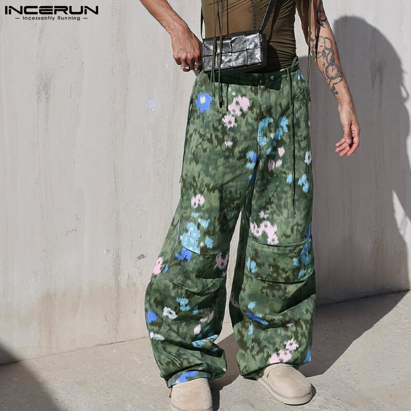 INCERUN-Pantalones largos de pierna ancha para hombre, ropa de calle informal con estampado de moda, estilo americano, S-5XL, 2024