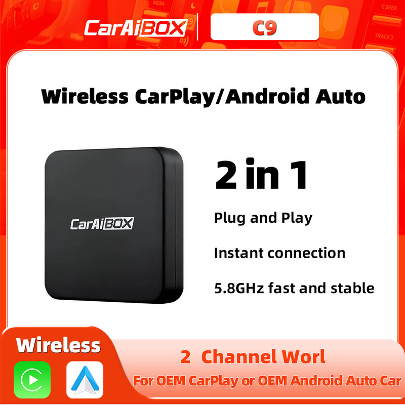 CarAIBOX 2in1 Wireless Android Auto Carplay Adapter Smart Car AI Box Car OEM Wired CarPlay To Wireless CarPlay