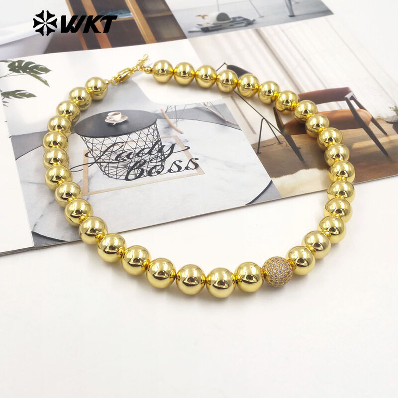 Big Round Brass Beads para Lady, 18K Real Gold Plated Metal Colar, Simples Cool Fashion, Atacado, Novo, WT-JFN19, 12mm, 10Pcs