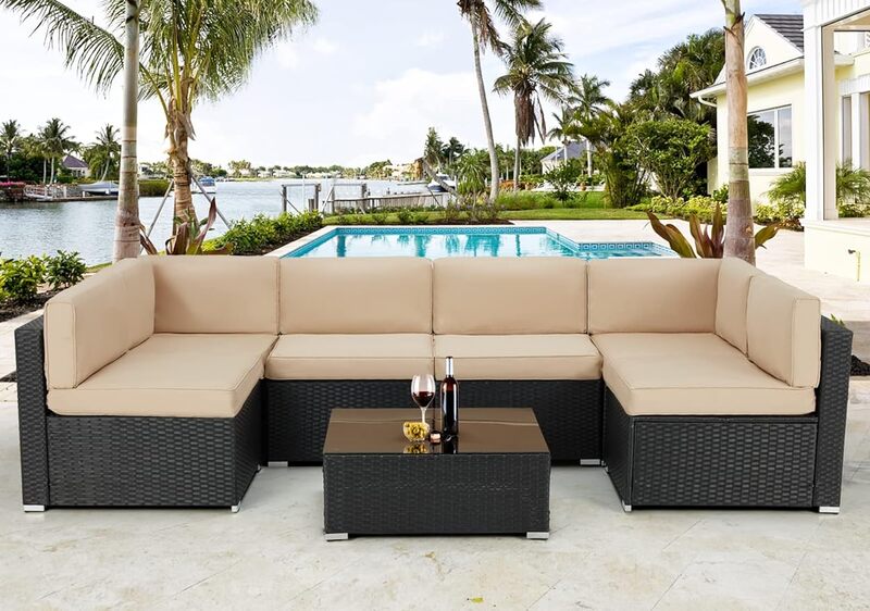 7 Piece Outdoor Patio Furniture Set, Black PE Rattan Wicker Sofa Set, Outdoor Sectional Furniture Chair Set with Khaki Cushions