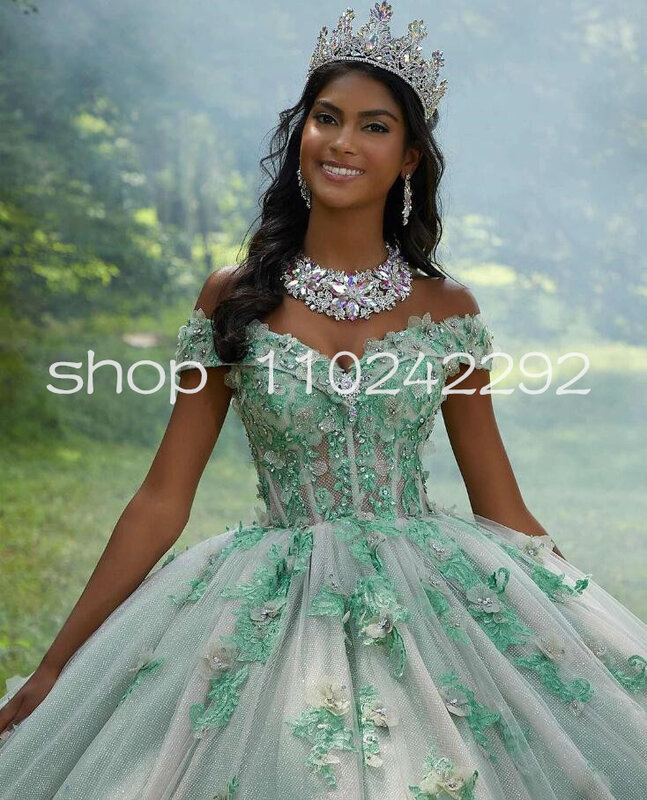 Vestidos de princesa verde fruta para quinceañera, hombros descubiertos, falda de gillter floral 3D, vestido de quinceañera dulce 16