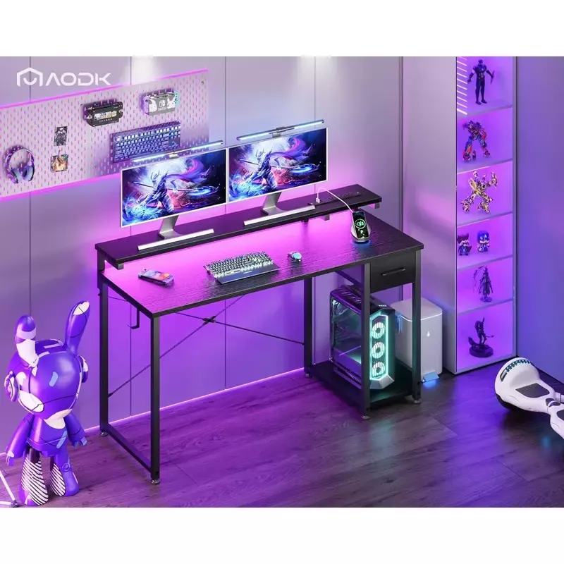 Game table with LED lights and power outlet, 55 inch computer table with drawers, double-sided table with headphone hooks, black
