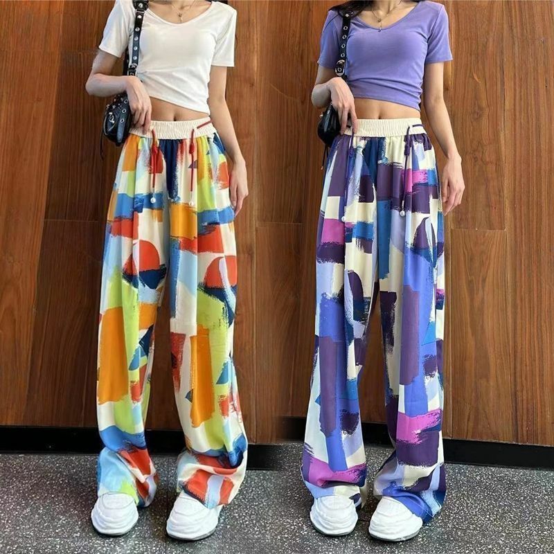 2024 estate nuove donne stampate coreano Beachy sciolto elasticizzato a vita alta con coulisse moda dritto Casual pantaloni a gamba larga