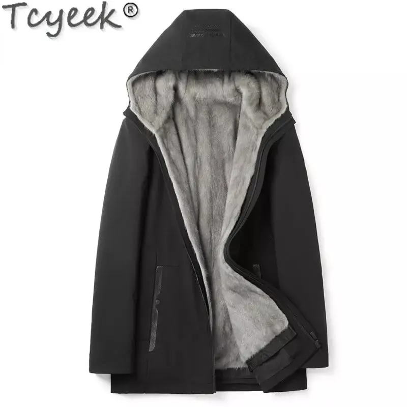Tcyeek High-end Men's Fur Parka Winter Warm Natural Mink Fur Liner Slim Mid-length Real Fur Coat Male Hooded Casual Clothes Men