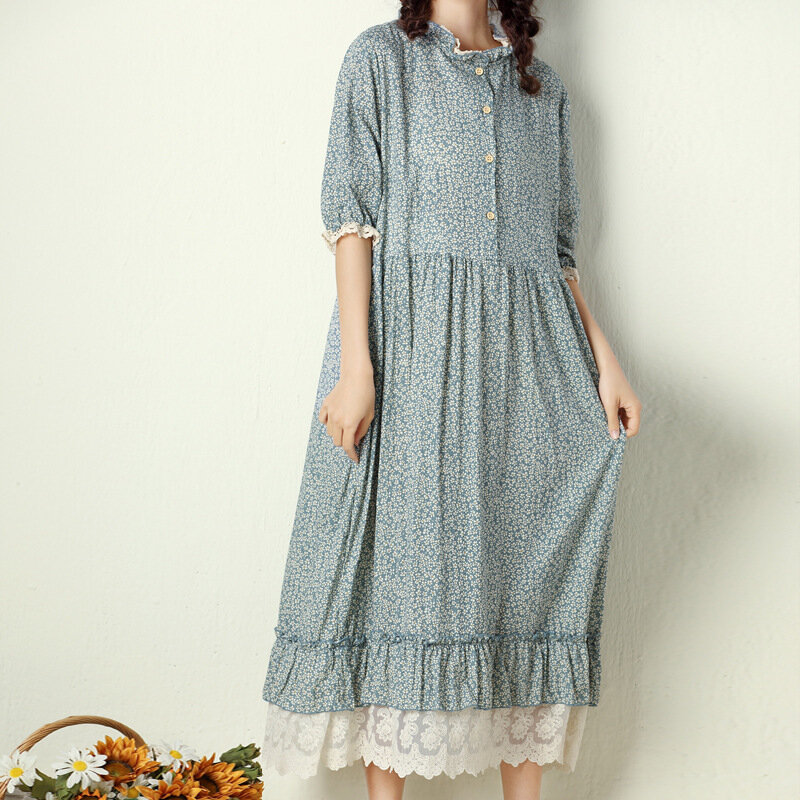 Mori Girl-vestido holgado de lino y algodón para mujer, Vestido largo de manga corta con volantes florales, dobladillo de encaje, estética Vintage, primavera y verano