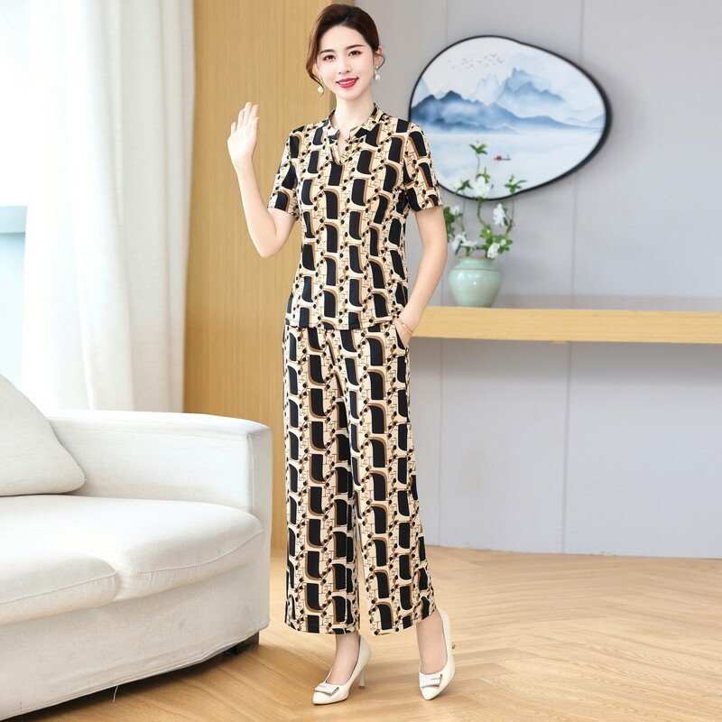 Conjunto feminino de calças largas com duas peças, roupas elegantes, estampa vintage, roupas casuais de verão, estilo coreano, novo