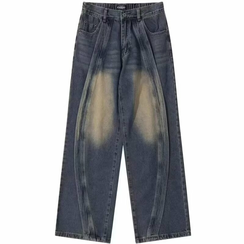 American High Street Jeans Men's Retro Heavy Industry Deconstructed Splicing Y2K Design Straight Wide Leg Trousers Korean fashio