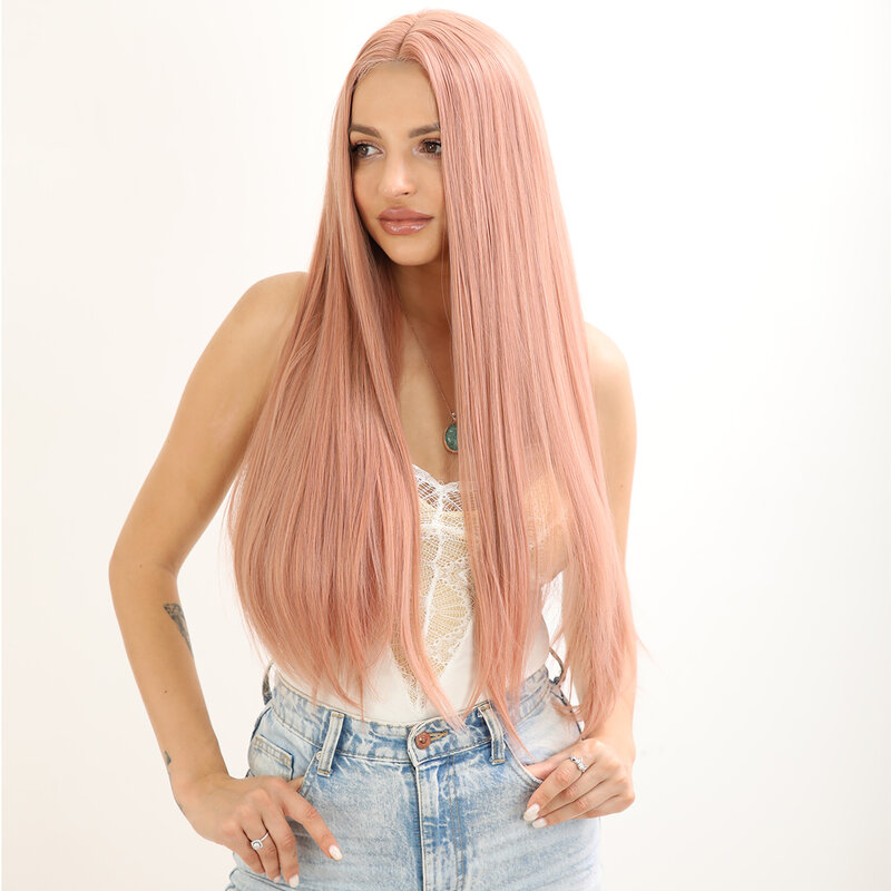 Smilco Wig lurus sorot depan renda sintetis merah muda untuk wanita Wig awet depan renda tak terlihat rambut tahan panas harian