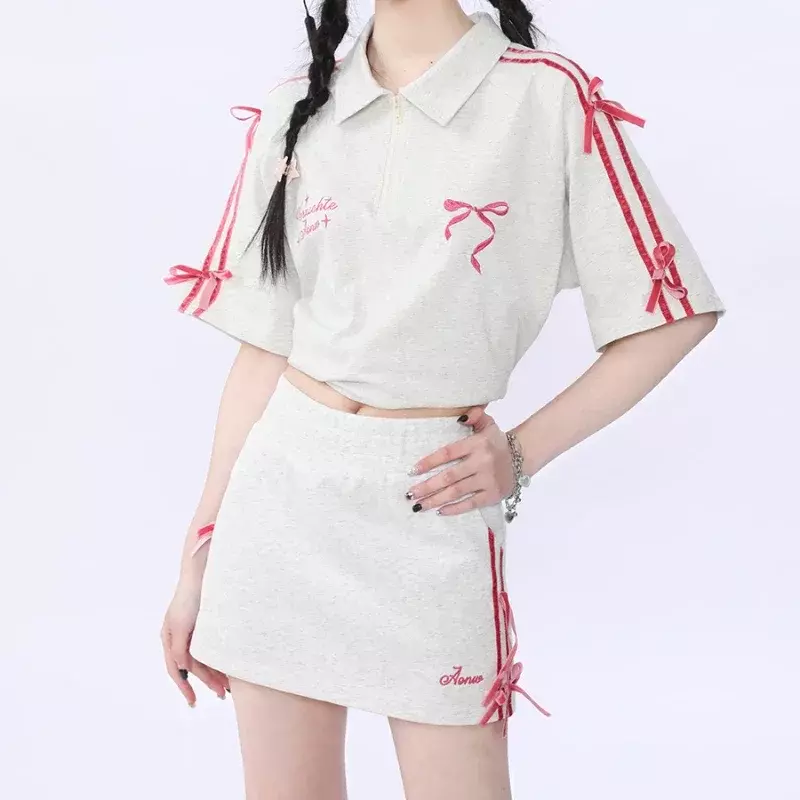 Summer New Velvet Pink Bow Leisure Sports Suit Female American Street Joker Short-Sleeved Skirt Sweet And Cool Two-Piece Suit