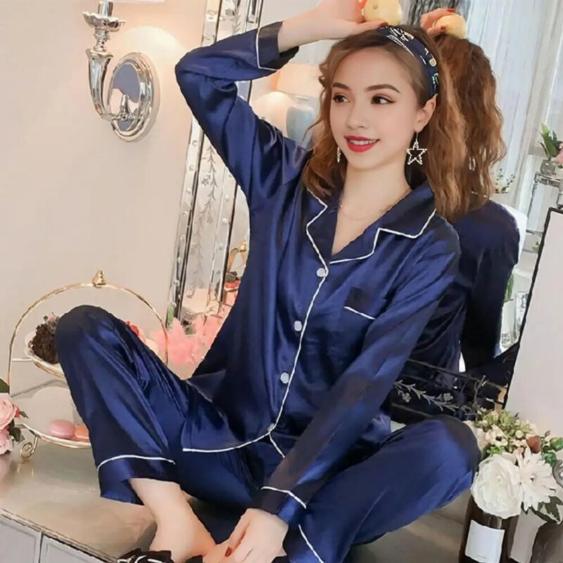 Women Two-piece Loungewear Set Elegant Silky Ice Silk Women's Pajamas Set with Lapel Collar Long Sleeve Shirt Wide for Ladies