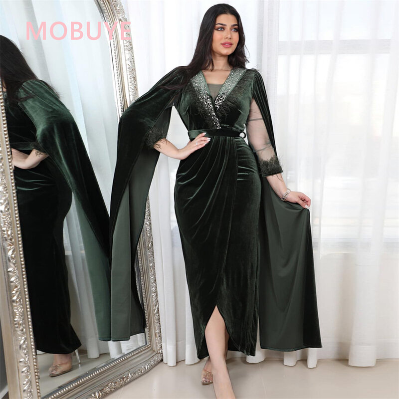 MOBUYE gaun pesta wanita, gaun pesta elegan modis malam panjang selutut, gaun Prom leher V Dubai Arab 2024