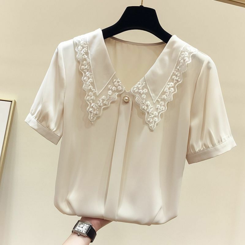 Temperament patchworkowa szyfonowa bluzka lato nowy krótki rękaw luźna solidna prostota koszula elegancka moda damska odzież