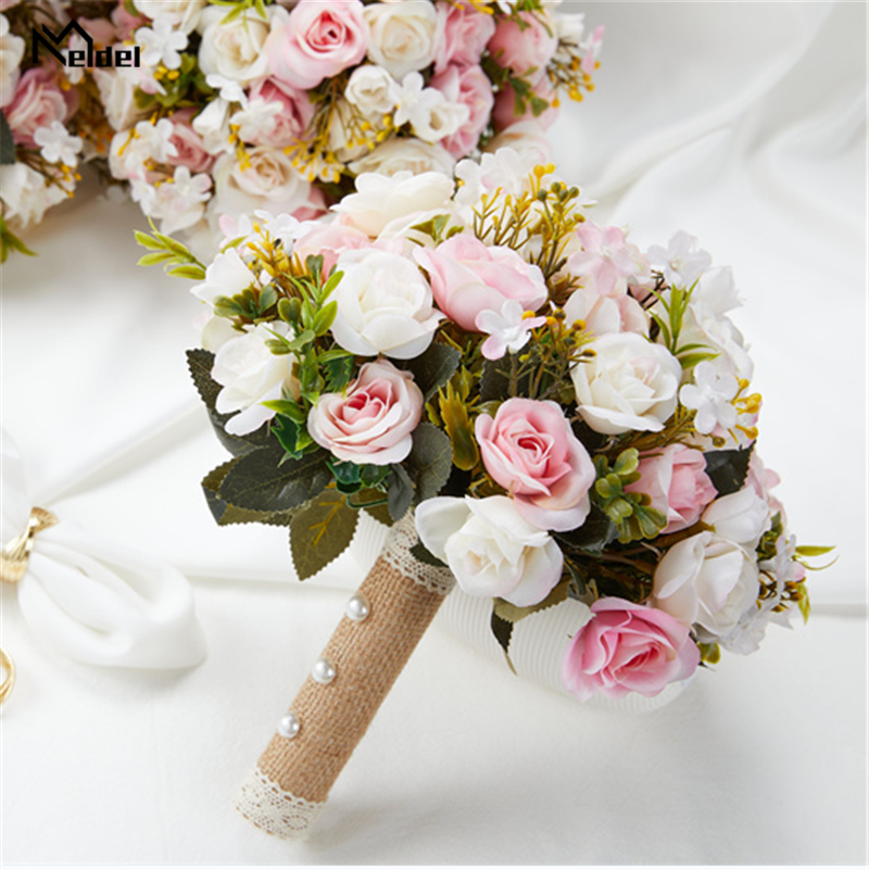 Buket Pernikahan Merah Muda Pengiring Pengantin Wanita Memegang Bunga Sutra Pita Mawar Bunga Buatan Buket Pernikahan Aksesori