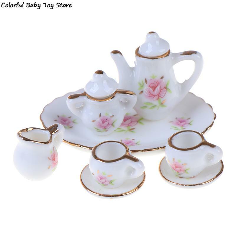 Vajilla de porcelana en miniatura, juego de té, plato, taza, cuenco, plato, muebles, juguete de regalo, Decoración de mesa con estampado Floral colorido