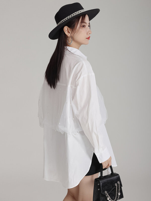 Женская рубашка с длинным рукавом EAM, черно-белая Элегантная блузка с отложным воротником, большие размеры, весна-осень 2024