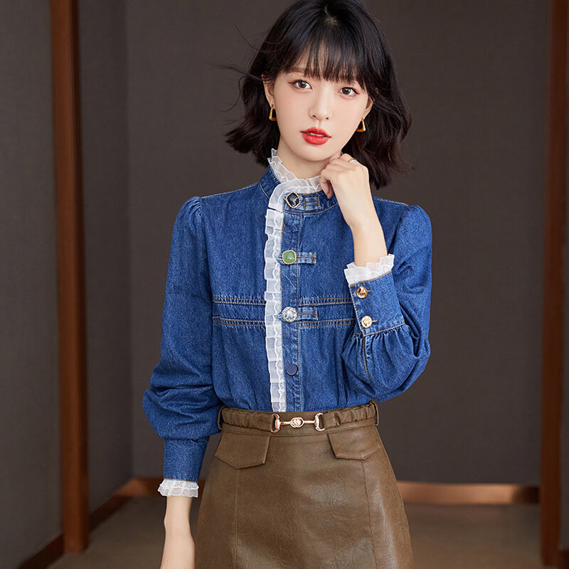 Cowboy coreano moda mulher blusas 2022 mangas compridas azul escritório wear feminino camisa formal camisas para mujer topos