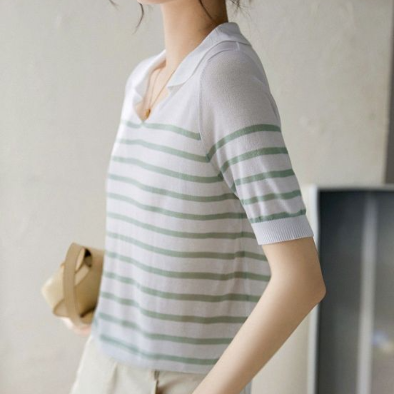2024 Summer New Women's Pullovers Turn-down Collar Contrast Color Striped Elegant Slim Short Sleeve Screw Thread T-shirt Tops
