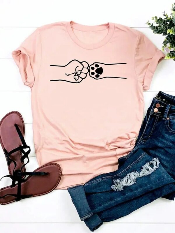 Camiseta estampada de manga corta para mujer, ropa de verano para mujer, Camiseta básica con estampado de gato y café
