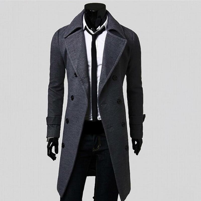 Wełniane męskie długi płaszcz dwurzędowe jednolity kolor, na jesień wiatroszczelne gruba kurtka wiatrówki płaszcz męski luźny płaszcz